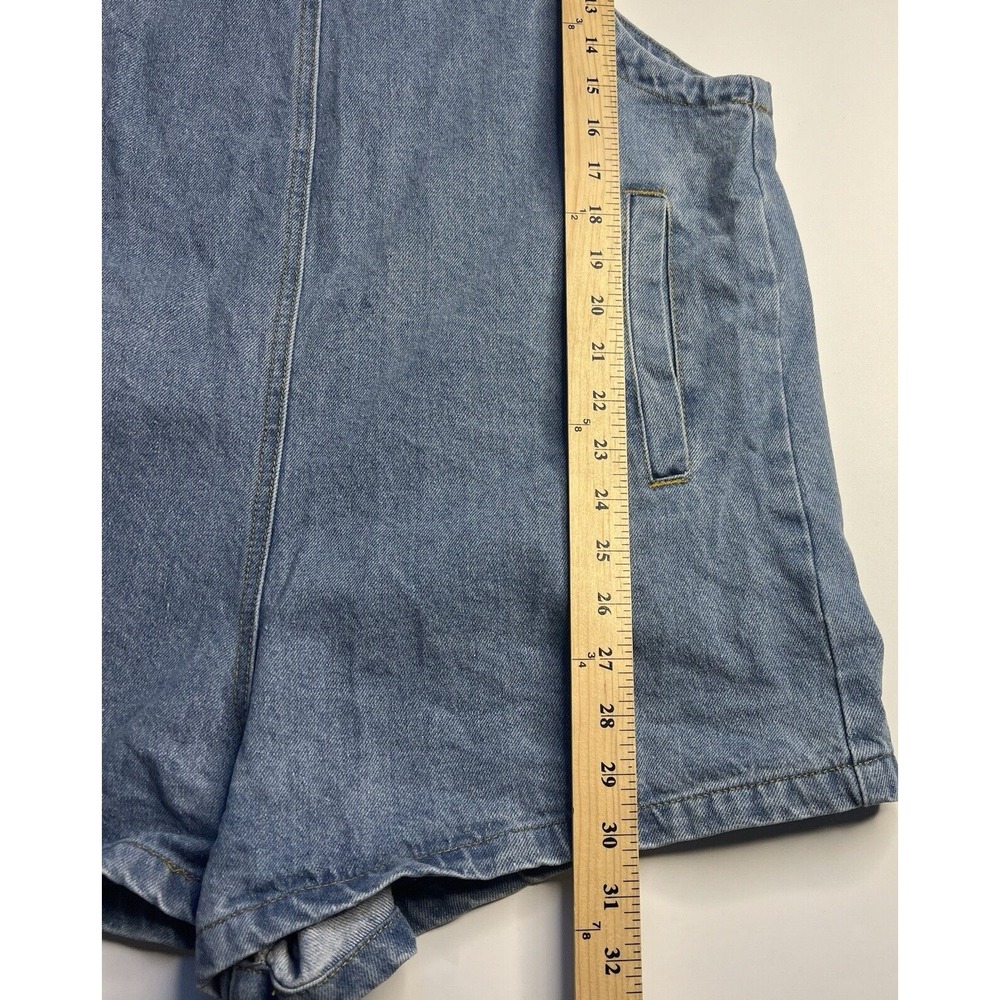 Denim Tie-Strap Jean Shorts Romper - Blue - Picture 6 of 8